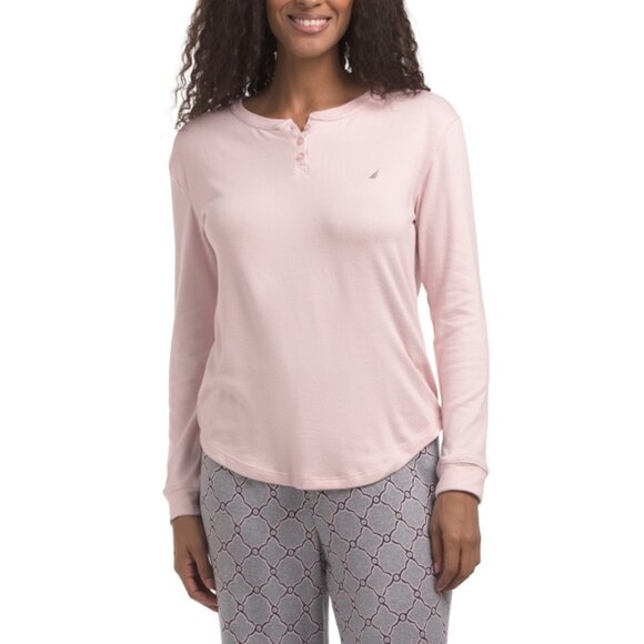 NAUTICA Pink 2pc Henley Top And Geometric Print Pajama Set - Picture 1 of 2